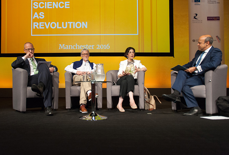 The panel of 'EIROforum - serving European science' in the Exchange Auditorium at the EuroScience Open Forum at Manchester Central, in Manchester, United Kingdom on Tuesday, 26 July 2016