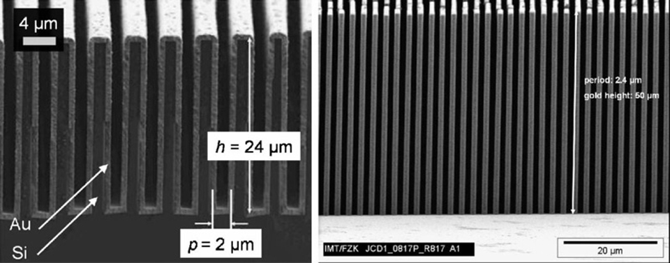 Deep microstructured transmission gratings used as optical elements in X-ray grating interferometers.