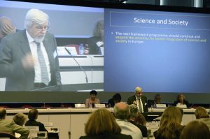 Prof. Rolf Heuer, Director General of CERN and incoming EIROforum Chairman, addressing the audience at the Charlemagne Building, on the topic "Strengthening Europe’s science base and European Research Area".